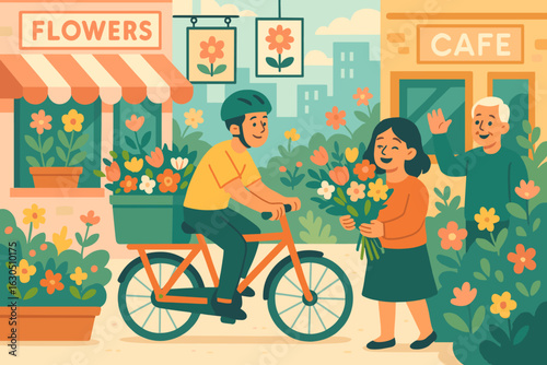 Flower delivery in a vibrant market with a cyclist and cheerful customers at a sunny cafe setting
