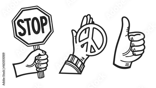 Illustration showing a stop sign a peace sign and a thumbs up all in black and white outline style