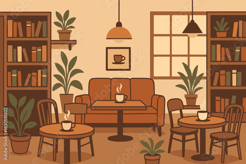 Cozy indoor cafe with bookshelves and warm lighting in a soft color palette designed for relaxation and conversation