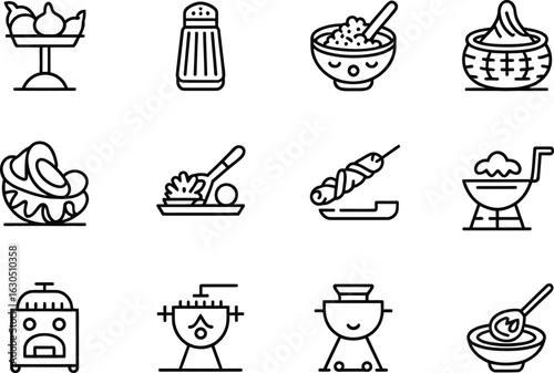 Collection of middle eastern food and kitchen item line art icons
