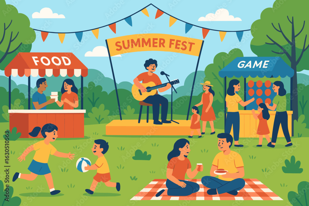 Fototapeta premium Summer festival activities in a park with music, food stalls, and games for families