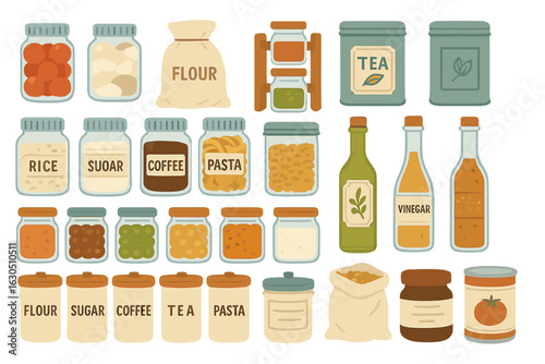 Organized pantry with jars of grains, spices, and condiments in a cozy kitchen setting