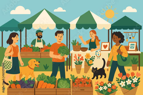 Vibrant community farmers market bustling with visitors and fresh produce under a sunny sky
