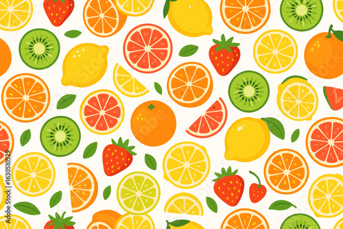 Vibrant fruit pattern featuring strawberries, oranges, lemons, kiwis, and other citrus on a light background created in a playful style