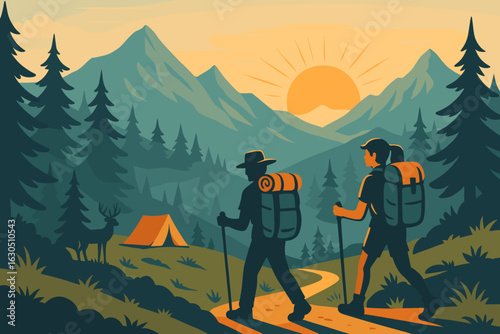 Hikers exploring a scenic mountain trail at sunrise with a deer in the background near their camping site