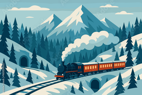 Vintage steam train travels through snowy mountains and forests on a winter day