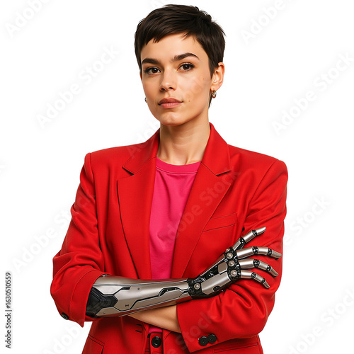 Young woman with prosthetic arm posing confidently in red blazer  