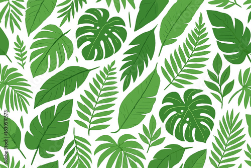Vibrant green leaves pattern showcasing tropical foliage in a seamless design suitable for various backgrounds