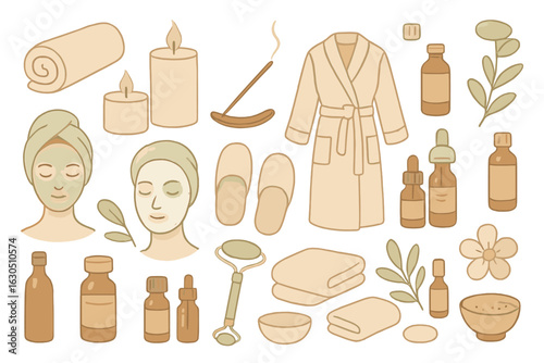 Spa essentials for relaxation with various items like candles, bottles, and robes showcased in a soothing color palette