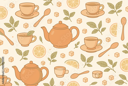 Cozy tea time pattern featuring teapots, cups, lemons, and leaves for a cheerful kitchen decor