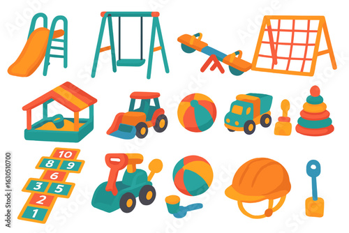 Playground toys and equipment including slides, swings, and sandbox tools designed for children?s outdoor fun