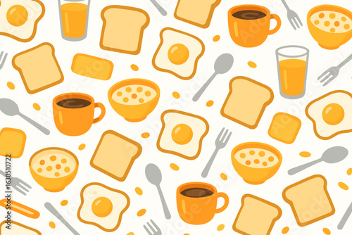 Breakfast spread featuring toast, eggs, coffee, and juice arranged on a light background