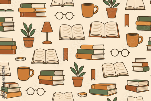 Colorful arrangement of books, plants, and cozy items creates an inviting reading atmosphere in an indoor setting