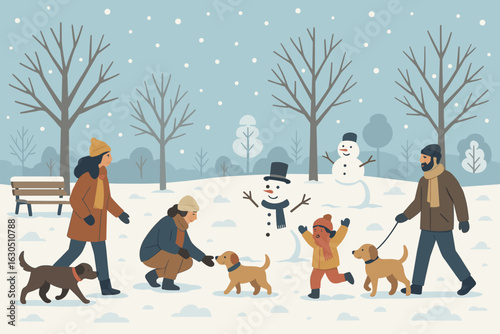 Families enjoy a winter day in the park playing with dogs and building a snowman as snow falls gently from the sky