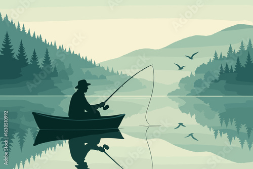 Calm morning fishing on a serene lake surrounded by mountains and dense forests