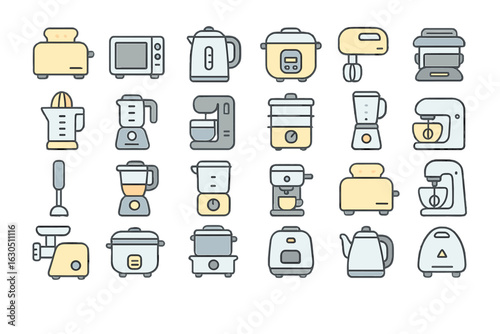 Collection of kitchen appliances including toaster, kettle, blender, and mixer arranged in a grid layout for home cooking