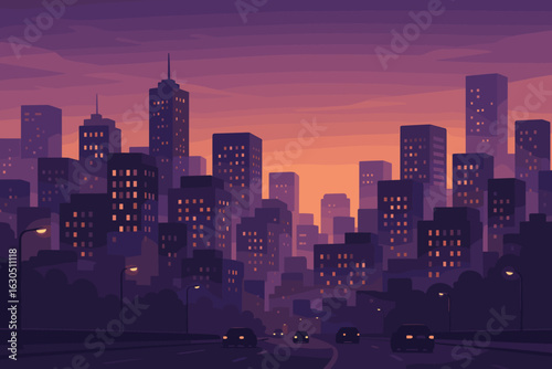 Sunset cityscape with modern skyscrapers and calm street in twilight