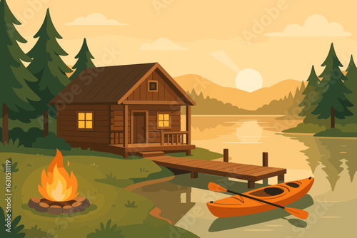 Cozy cabin by the lake with a kayak and campfire during sunset in a tranquil natural setting