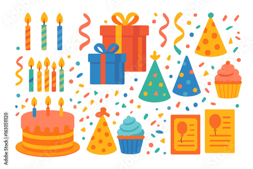 Colorful birthday celebration elements including cake, hats, and gifts for festive occasions