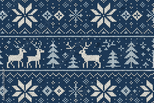 Cozy winter sweater pattern featuring traditional motifs of deer, trees, and snowflakes in blue and white colors