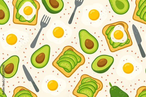 Colorful avocado toast pattern with eggs and utensils on a light background showcasing delicious breakfast options