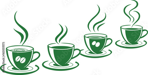 Four Green Coffee Cups with Steam and Beans mugs hot drinks