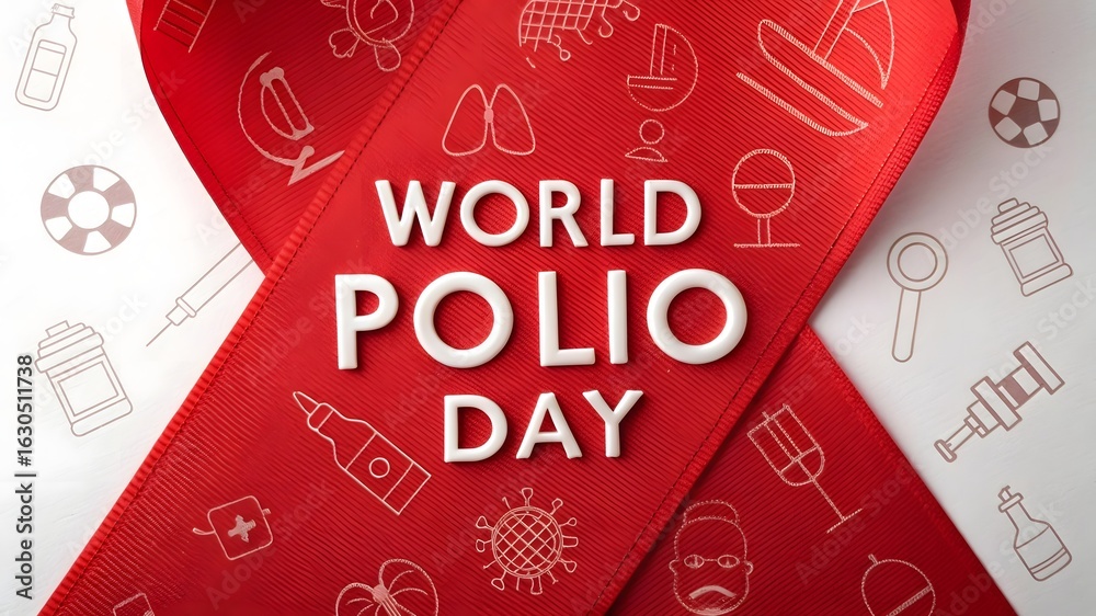 Naklejka premium World Polio Day: A graphic depicts a call to action for World Polio Day, represented by a symbolic red ribbon bearing the words 'World Polio Day', complemented by illustrated icons.