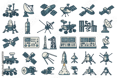 Space exploration icon set featuring rockets, satellites, rovers, control panels, telescopes, antennas, and spacecraft on dark background