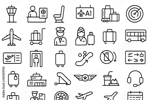 Set of Minimal Airport and Airline Travel Icons on Dark Gray Background