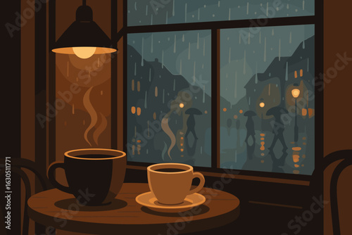 Cozy coffee shop interior with steaming cups on table, rainy evening street view through window, warm ambient lighting