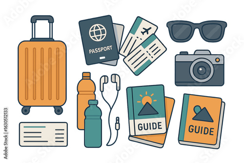 Travel essentials for an adventurous journey with luggage, documents, and guides arranged neatly