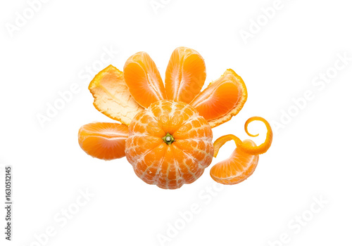 Partially Peeled Mandarin Orange with Segments and Peel.