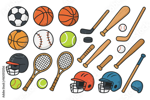 Collection of various sports equipment including balls, bats, and protective gear for different games and activities