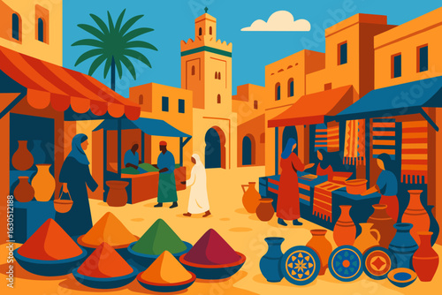 Vibrant market filled with spices and pottery in a sunny desert town, showcasing local culture and trade activities
