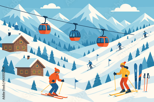 Skiers enjoying a sunny day at a picturesque mountain resort with gondolas in the background