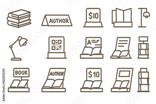 Illustrations of various book-related icons and elements for an engaging literary theme in a bookstore setting