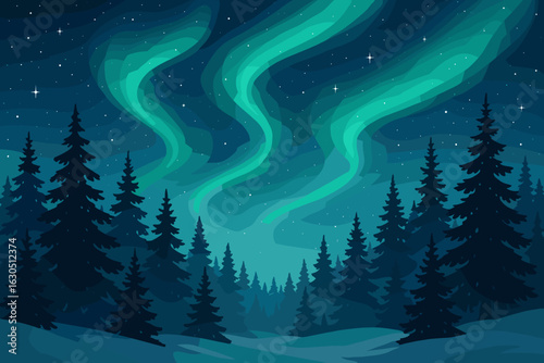 Beautiful northern lights illuminate a serene winter forest under a starry sky at night