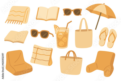 Beach essentials arranged for a relaxing day in the sun with towels, drinks, and accessories