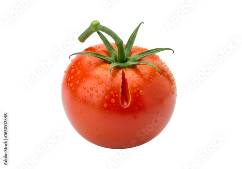 Ripe Red Tomato with Stem and Water Droplets.
