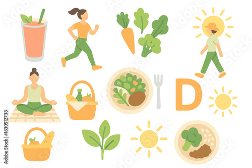 Wellness activities and healthy food items illustrated in a cheerful layout promoting a balanced lifestyle