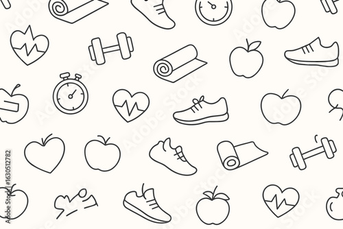 Fitness and health themed pattern featuring workout icons, fruits, and equipment for motivation and wellness inspiration