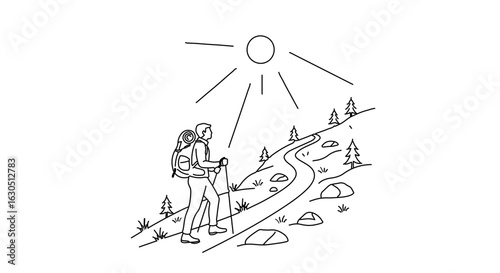 Man hiking outdoor adventure on mountain trail with backpack and trekking poles in sunshine line art vector