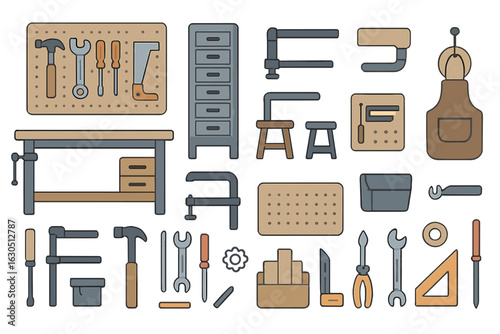 Tools and equipment arranged neatly in a workshop setting showcasing various items for crafting and repairs