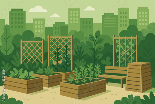 Community garden thrives in urban setting with green plants and wooden structures for growing vegetables