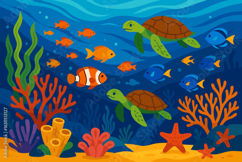 Colorful underwater scene with turtles and various fish swimming amidst vibrant coral reefs in a tropical ocean