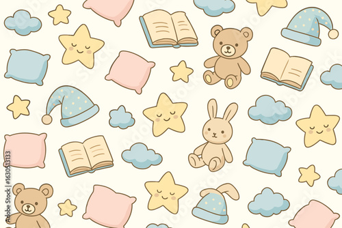 Cute pastel pattern featuring teddy bears, bunnies, stars, and pillows in a playful design perfect for children?s rooms or nurseries