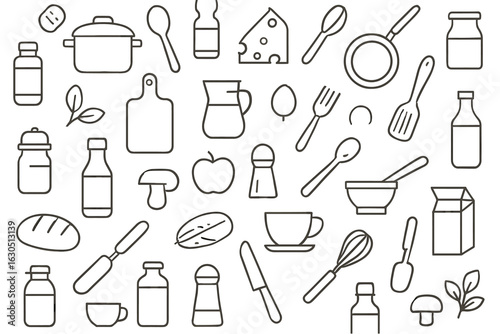 Outline of kitchen utensils and ingredients arranged on a white background showcasing cooking essentials for meal preparation