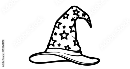 Wizard hat drawing halloween costume accessory pointy hat with stars black and white illustration for coloring page