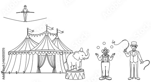 Circus coloring page with tent, acrobat, elephant, clown and ringmaster vector illustration art