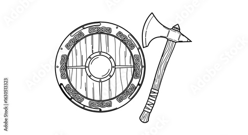 Viking shield and axe drawing illustration ancient weapon warrior battle equipment scandinavian history 1000 ad